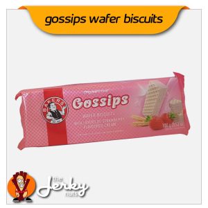 Bakers Gossips 100g box with pink wafers and strawberry cream visual