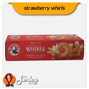 Image of Bakers Strawberry Whirls 180g box with swirl biscuits and fruit illustrations