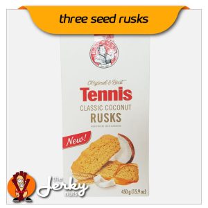 Image of Bakers Tennis Coconut Rusks 450g box showing product with coconut illustrations