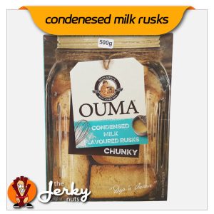 Image of Ouma Condensed Milk Rusks 500g box with branding and window showing