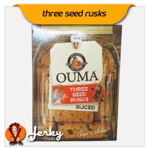 Image of Ouma Three Seed Rusks 450g box showing rusks and branding
