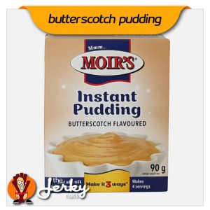 Moir’s Butterscotch Instant Pudding box, showing product name and creamy dessert image.