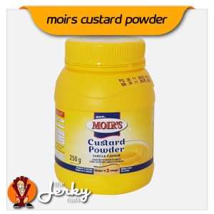 Front of Moir’s Custard Powder jar showing logo and vanilla flavour label.