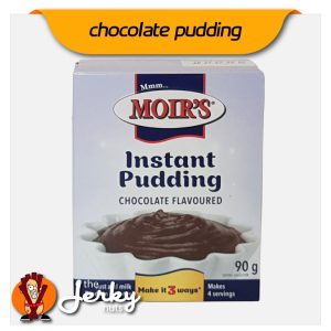 Moir's Instant Chocolate Pudding box front with product name and flavour clearly visible.