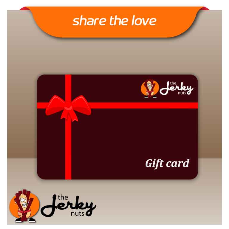 The Jerky Nuts gift card with bold branding